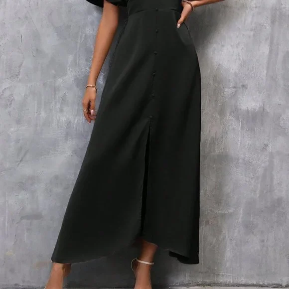 Black Preppy Womens Plunging Neck Butterfly Sleeve Split Thigh Satin Dress - Picture 5 of 5